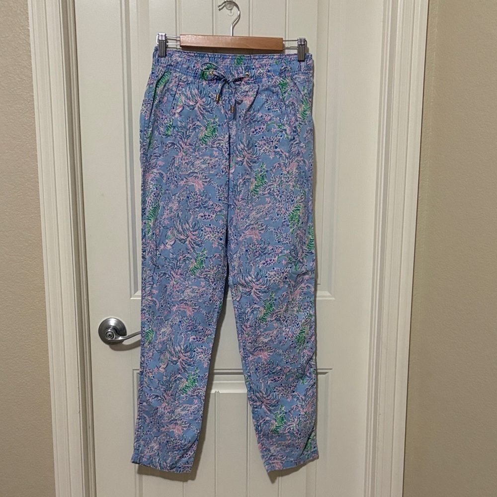 Lilly Pulitzer‎ linen Floral Print Drawstring Lounge Pants - Blue Pink Green